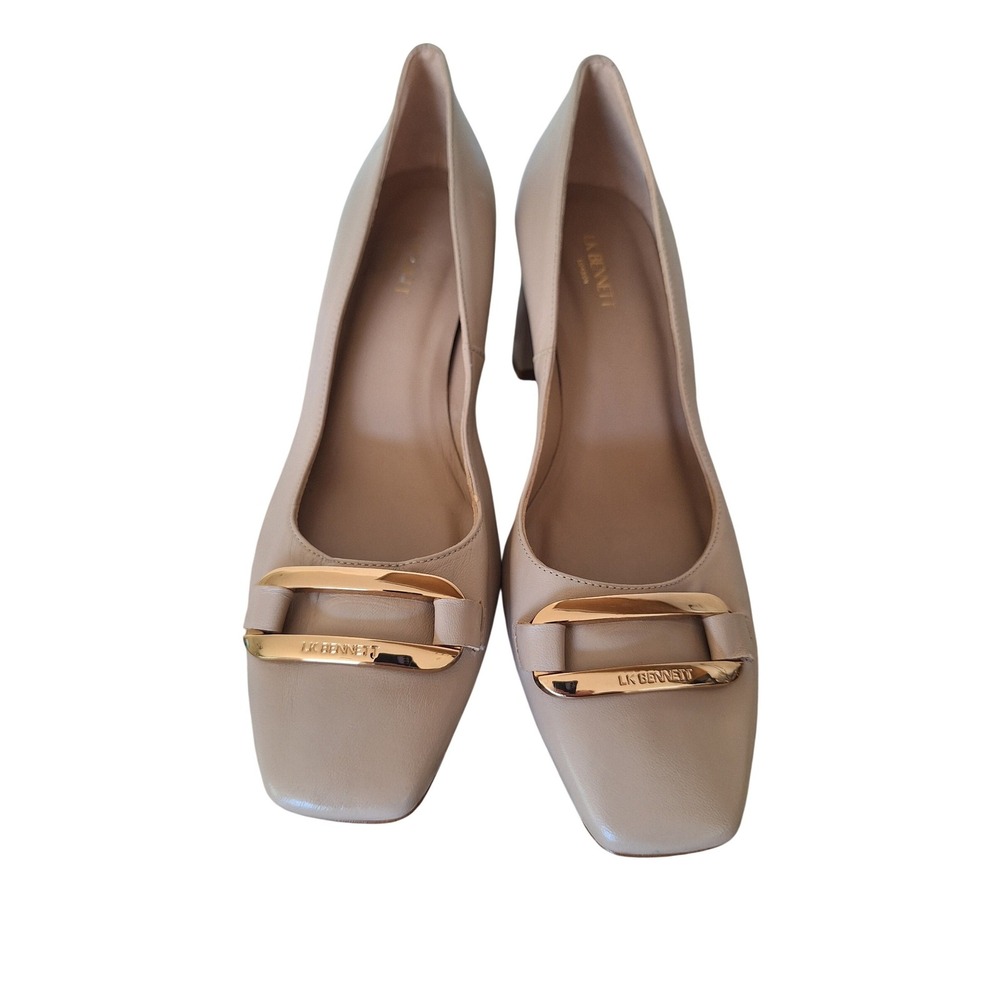 LK Bennett London Beige Leather Square Toe Block Heel Pumps Gold Buckle EU 40